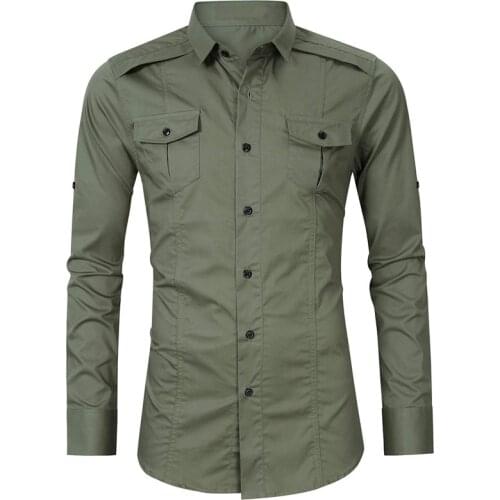 PARKLEES 2021 Autumn Tactical Cargo Work Cotton Men Shirt Long Sleeve Double Pocket Military Style Solid Shirts Slim Camisas