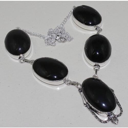 Black Onyx Necklace Silver Overlay over Copper , 48 cm, N0695