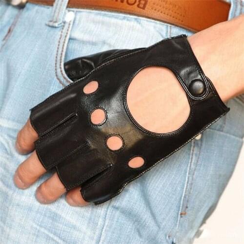 Half Finger Fashion Genuine Leather Men Goatskin Gloves Wrist Short Classic Black Breathable Sheepskin Driving Glove M015W-5