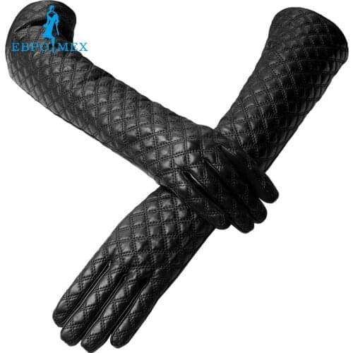 Fashion Long leather gloves ,Genuine Leather,Length 45-46CM,Cotton,Adult,True black fur gloves,Spandex, leather gloves