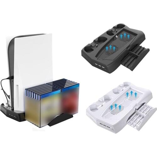 For PS5 Vertical Cooling Fan Stand Digital Edition with 14 Game Slot 3 Hub Port Dual Controller Charging Station Charger for PS5