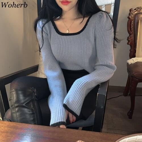 Woherb 2021 Autumn Fashion Women Square Collar Cropped Sweater Female Korean Chic Elegant Umpers Knitted Pullover Pull Femme