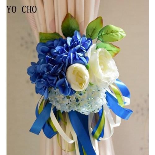YO CHO Wedding Bouquet Silk Ribbon Hydrangea Peony Blue Pink Red Wedding Flower Decoration Marriage Wedding Supplies Home Decor