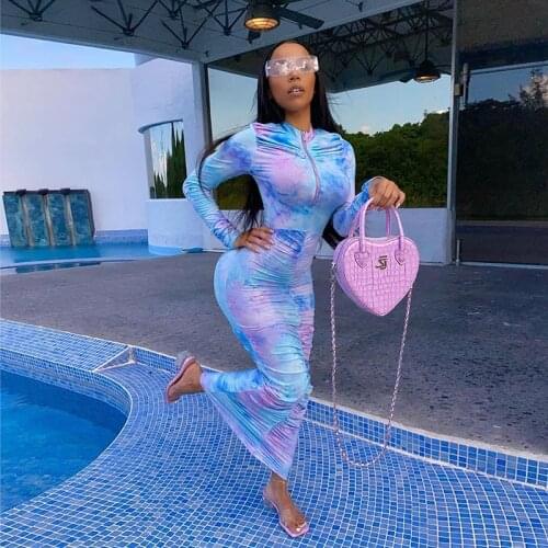 Women tie dye print long sleeve bodycon dress ruched fitness skinny zipper colorful fashion vestido de mujer streetwear