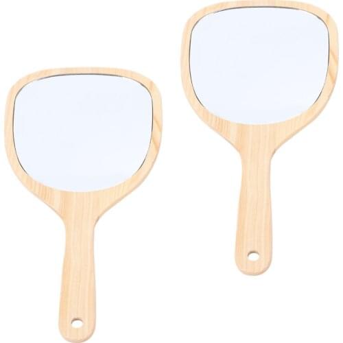 2pcs Portable Makeup Mirrors Wood Handle Creative Cosmetic Mirror
