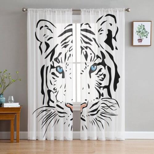 White Tiger Art Minimalistic Abstract Blue Eyes Sheer Curtains for Kids Girl Bedroom Living Room Window Valance Kitchen Decor