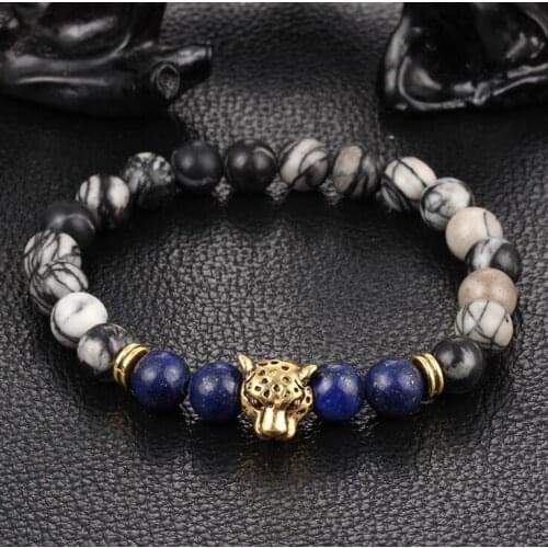BPPCCR Natural weathering lapis lazuli stone Hand string prayer beads men Bracelets Leopard lion head Elasticity Bracelet