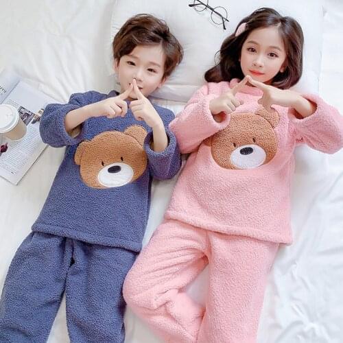 Childrens Pajamas Sets Autumn Winter Long Sleeve Girls Homewear Cartoon Thickened Flannel Warm Sleep Wear Baby Boys Clothes