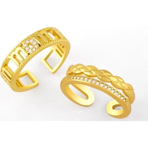 FLOLA Double Layer Mom Open Cuff Rings For Women Adjustable CZ Cubic Zirconia Ring Gold Plated Jewelry Mothers Day Gift rigk56