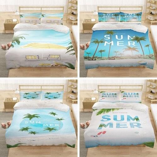 3D Natural Landscape Print Bedding Set Fashion Beach Coconut Tree Pattern Down Duvet Bedding Cover Pillowcase Bedding