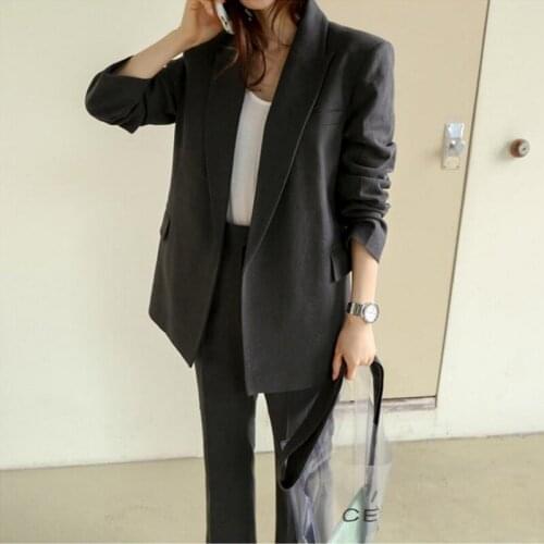 Korean Jacket & High Waist Pant Casual Female 2 Pieces Set Office Ladies Blazer Suit Dark Gray Slim Women Pant Suit