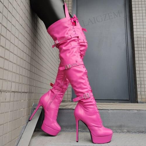 LAIGZEM Women Over Knee High Platform Boots Side Zip Buckle Straps Stiletto Heels Boots Party Club Cosplay Big Size 44 48 50 52