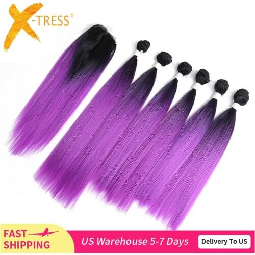 Ombre Purple Red Color Hair Bundles With Lace Closure 14-18inch X-TRESS Yaki Straight Synthetic Bundle Hair Weaving Extensions