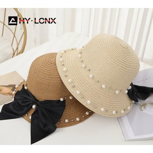 Spring Summer New Fashion Pearl Bow Decoration Parent-child Sun Hat Boy Girl Outdoor Leisure Solid Color Big Brim Bucket Hat