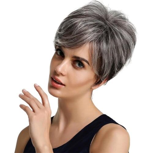Stylish Human Hair Short Side Part Wigs Layered Cosplay Women Wig Grey White