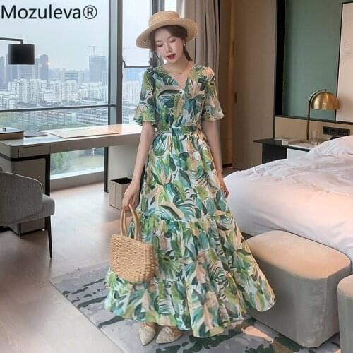 Mozuleva Women Chiffon Dress 2020 Summer Female Short Sleeve Sexy V-neck Printed Casual Long Dress Elegant A-line Boho Vestidos