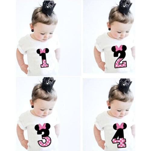 Pink T Shirt Kids Number 1 2 3 4 Print Bowknot Boys Short Sleeve Birthday Party Children Baby Girls Summer Tops Unisex Tee Tops