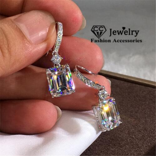 Drop Earrings For Women Solid S925 Silver Cube Cubic Zirconia Ear Hook Bridal Wedding Jewelry High Quality Drop Shipping CCE720