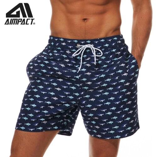 Aimpact Mens Board Shorts Fish Print Fast Dry Summer Beach Swim Hybrid Short Fashion Surf Hawaii Mesh lining Liner Trunks AM2205