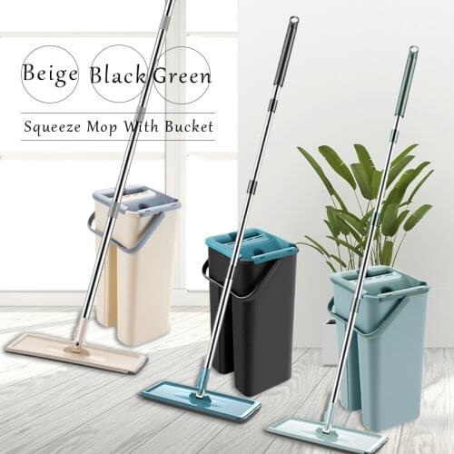 Flat Squeeze Mop With Bucket 360 Rotating Hand Free Washing Floor Cleaning Mop Microfiber Pads Wet Dry Usage Home Kitchen Tools