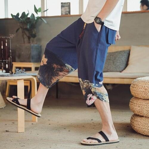 Loose Large Cropped Trousers Wide-legged Bloomers Chinese Style Flaxen Baggy Men Pants Mens Wide Crotch Harem Pants Men