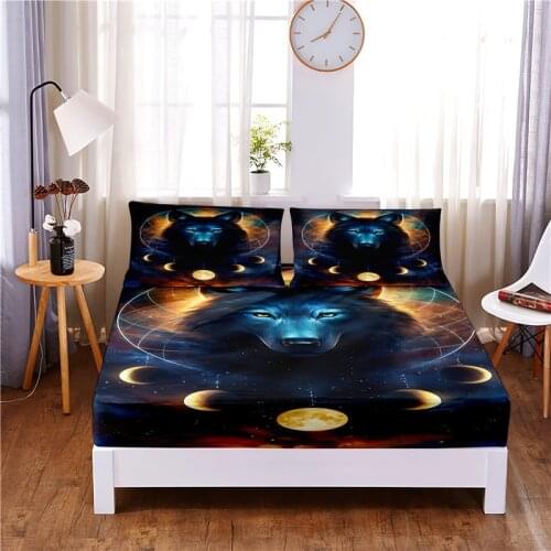 Wolf Digital Printed 3pc Polyester Fitted Sheet Mattress Cover Four Corners with Elastic Band Bed Sheet Pillowcases