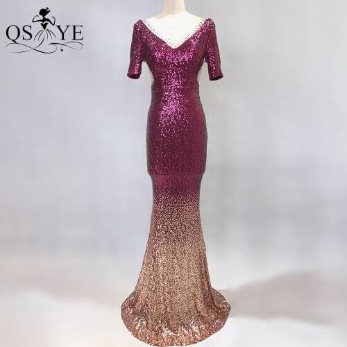Bead Burgundy Mermaid Prom Dress Short Sleeves V-neck Sequined Fade Elegant Vestido De Festa De Gala Longo Abiye Gece Elbisesi