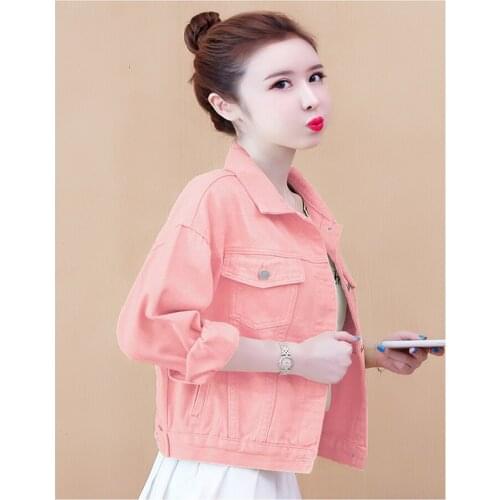 Large size Candy color Long-sleeved Denim Jacket 2021 New Spring Autumn Black Short Loose Women Jeans Jacket Student Denim Tops