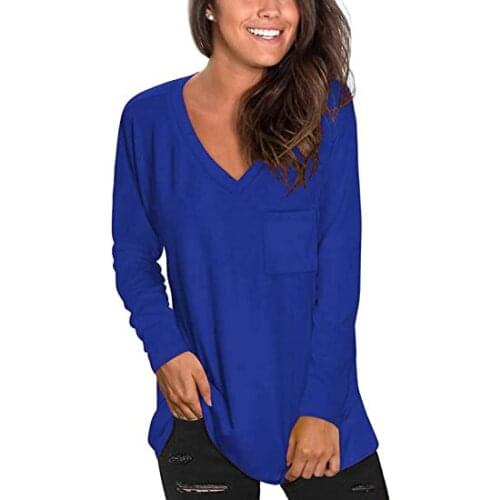 V-neck Womens 2021 Spring Long Sleeve Loose Casual Pocket Top Bottom Curve T-shirt