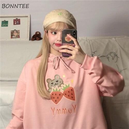 Women with Hat Hoodies Loose Print Lovely Casual Thicker Plus Velvet Winter Warm Soft Female Sweatshirts Student Chic Stylish