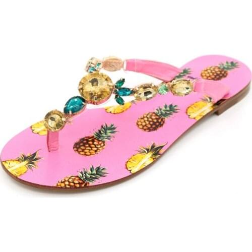 Carpaton Newest Pineapple Printed Flat Shoes Woman Summer Crystal Embellished Slippers Sexy Beach Wearing Flat Slides Pink White
