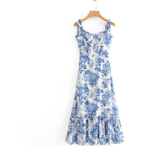2021 Beach Summer New Womens Retro Slim and Thin Waist Blue and White Porcelain Printed Sling Dress Cool Floral Print