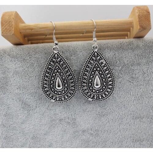 1 Pair Tibetan Silver Water Drop Charms Pendants Earrings With Big Hook Women Girl Jewelry