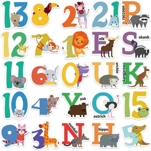 10/30/50PCS Kids Stickers Cartoon Animal Number Letter Scrapbooking Stickers for Girl Boy Birthday Gift Waterproof Toy Sticker
