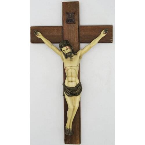 12 Inch Resin Jesus Christ on INRI Carbonized Wood Cross Wall Crucifix Home Chapel Decoration Hand drawing Sculpture