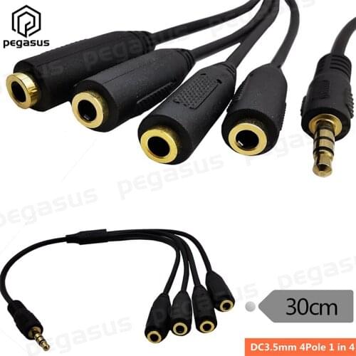 30cm DC 3.5mm (1/8") TRRS 4-Pole/3-Rings Male to 4*3.5mm Female Stereo Splitter Audio Cable