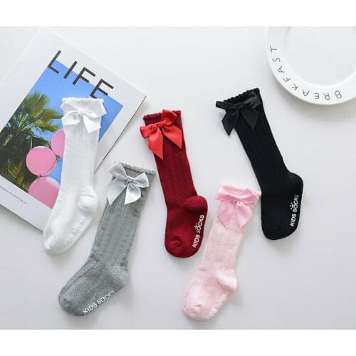 Free Shipping Baby Summer Clothing Toddlers Girls Big Bow Knee High Long Soft Cotton Lace Baby Socks Bowknot 100% Cotton Socks