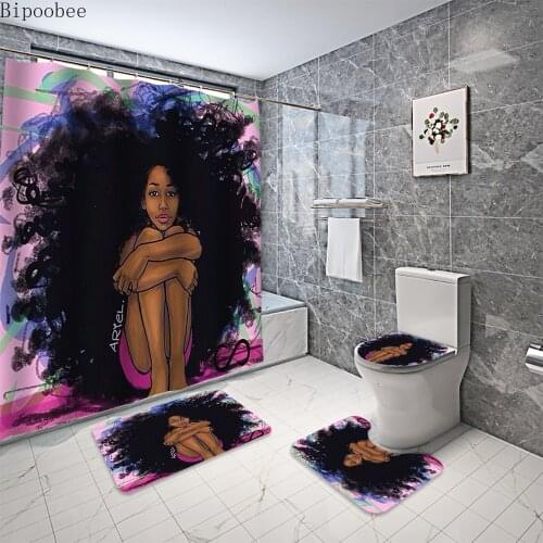 3D Afro Black Girl Bathroom Curtains African American Shower Curtain Bath Mats Rugs Toilet Lid Cover Anti-slip Carpet Home Decor