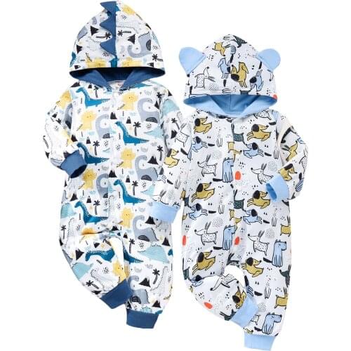 Newborn Baby Girls Boys Color Block Jumpsuit, Baby Casual Dinosaur/Dog Print Long Sleeve Hooded Romper