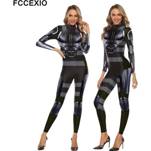 FCCEXIO The Party Series Black Armor Combat Readiness Print Jumpsuit Plus Size Long Sleeve Sexy Women Skinny Elastic Bodysuits