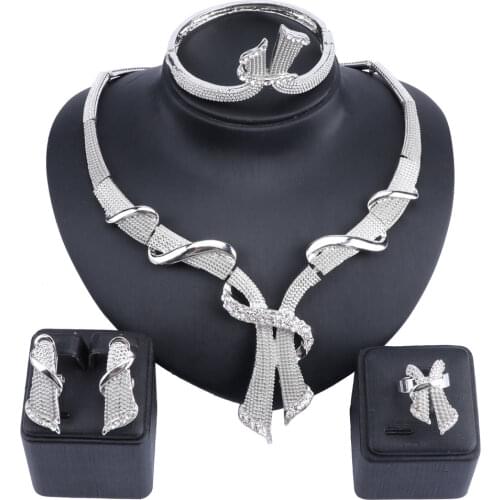 Dubai Silver Color Crystal Jewelry Sets Wholesale Bridal Accessories Nigerian Wedding Necklace Earring Bijoux Femme Jewelry Set