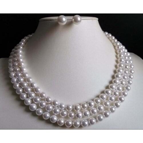 Women Jewelry Set 8MM 10MM 12MM round bead white natural south sea shell pearl 3 rows necklace + stud earrings