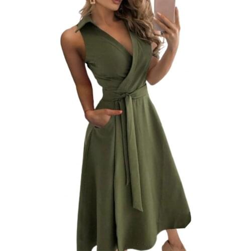 Hot Sales!! Sexy Women Dress Solid Color Large Hem Sleeveless Deep V Neck Belt Long Dress for Party