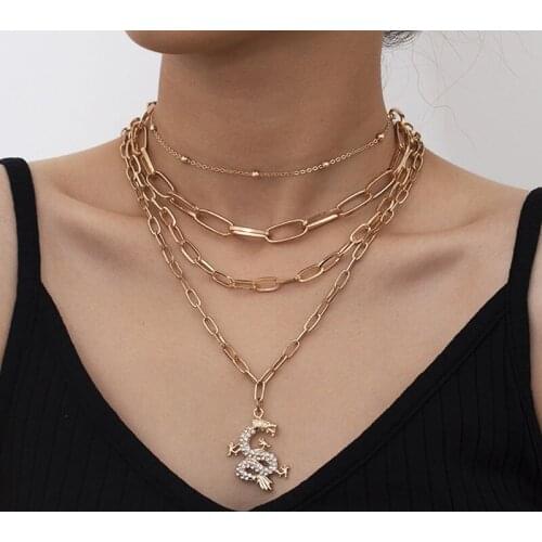 Punk Multilayer Thick Chains Rhinestone Dragon Pendant Necklace for Women Vintage Exaggerated Geometric Necklace Jewelry Kolye