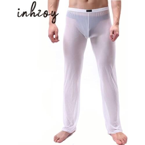 Men Ultra-thin Pajamas Sexy Sleeping Bottom Male Sissy Exotic Homewear Sheer Mesh See Though Loungewear