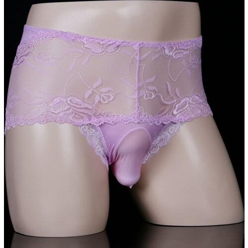 Men Lace See-through Underwear Sexy Mesh Sissy Bugle Convex Pouch Briefs Thong Panties Mid Waist Breathable Lingerie Panties New