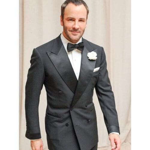 ANNIEBRITNEY Black Double Breasted Men Slim Fit Suit With Pants Tailor Made Skinny Black Groom Wedding Tuxedo Prom Wedding Suit