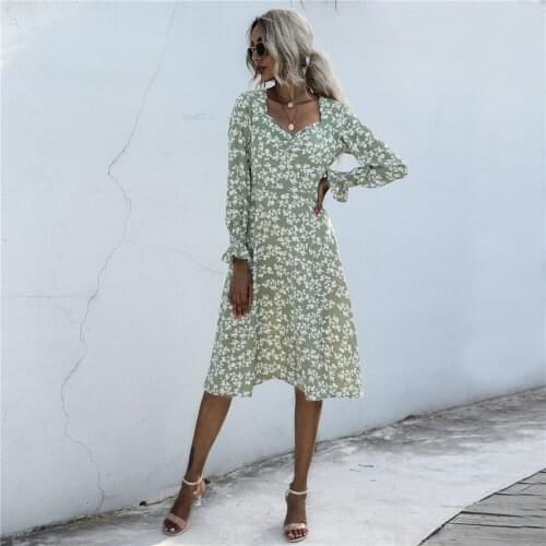 2020 Autumn Elegant Long Sleeve Dresses for Women Floral Print V-Neck Dresses Women Vintage Autumn Dress Office Lady Dress