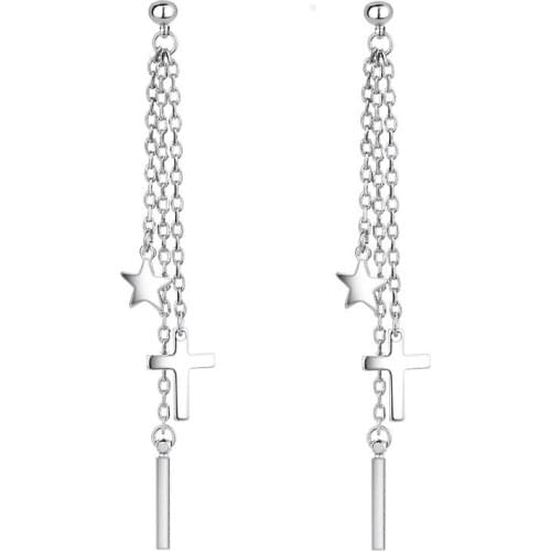 925 Sterling Silver Long Chain Tassel Star / Cross Drop Earrings For Women Star Drop Cross Pendant Earrings Eardrop