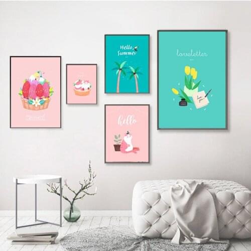 Blue and Pink Nursery Art Cat and Fox Coco Nut Tree Canvas Painting Poster Prints Wall Art Pictures for Kids baby Room Home Deco